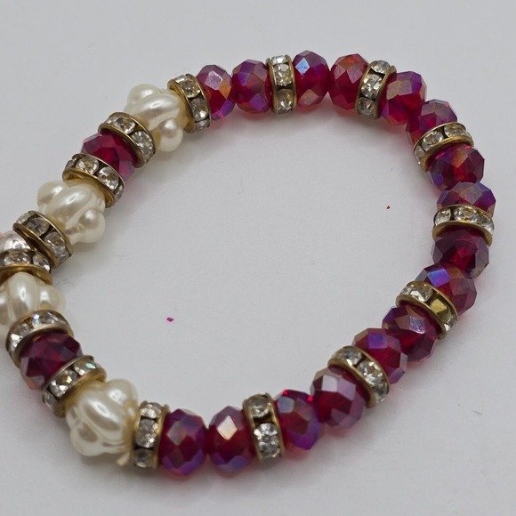 Red White Gold Tone Bead Bracelet Heart Charm Stretchy Elastic Fashion Jewelry - Picture 6 of 9